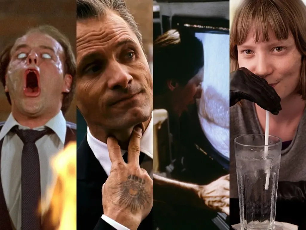 Four images: Man shouting, man with a serious expression, a car interior, woman sipping a drink